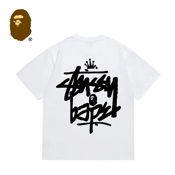 BAPE x STUSSY 聯名款猿人字母印花短袖T恤