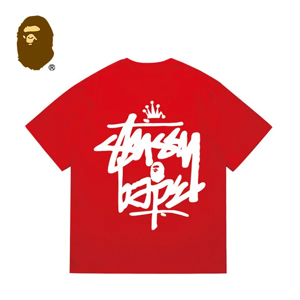 BAPE x STUSSY 聯名款猿人字母印花短袖T恤