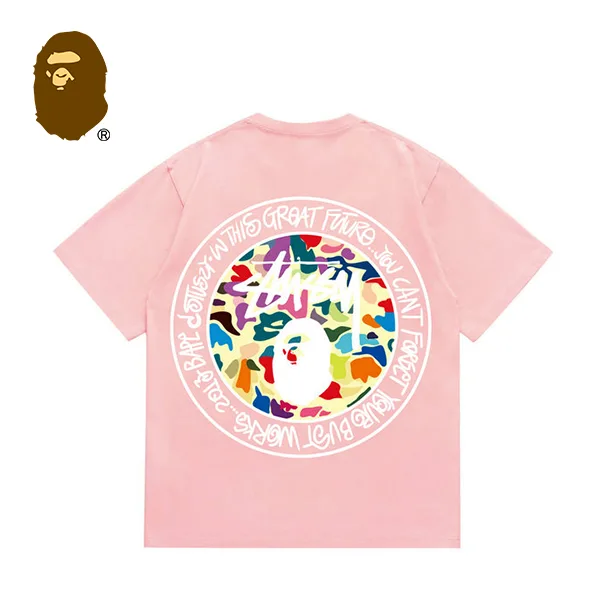 BAPE x STUSSY 聯名款迷彩猿人字母印花短袖T恤