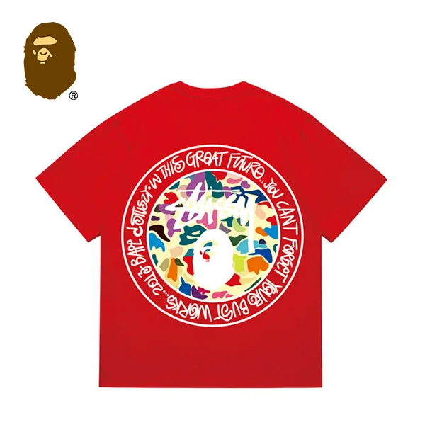 BAPE x STUSSY 聯名款迷彩猿人字母印花短袖T恤