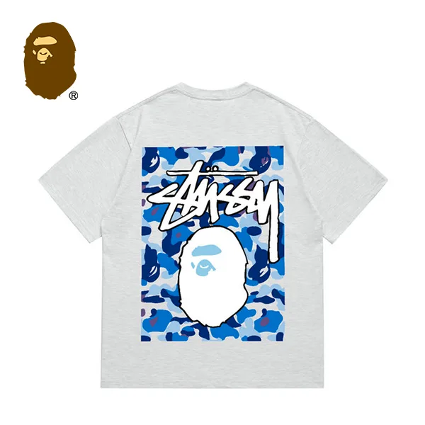 BAPE x STUSSY 聯名款藍迷彩猿人頭印花短袖T恤