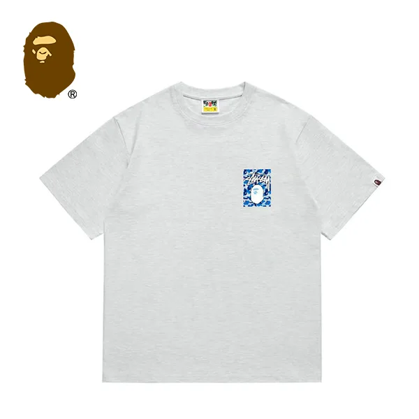 BAPE x STUSSY 聯名款藍迷彩猿人頭印花短袖T恤