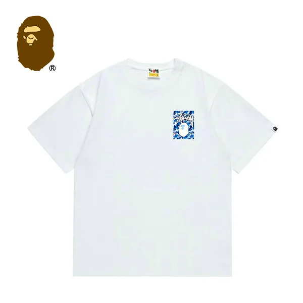 BAPE x STUSSY 聯名款藍迷彩猿人頭印花短袖T恤