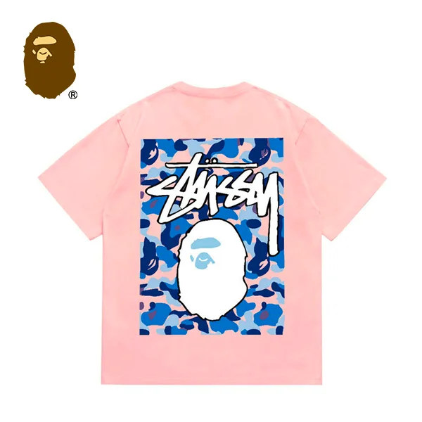 BAPE x STUSSY 聯名款藍迷彩猿人頭印花短袖T恤