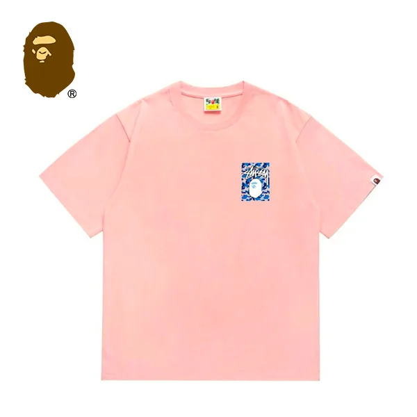 BAPE x STUSSY 聯名款藍迷彩猿人頭印花短袖T恤