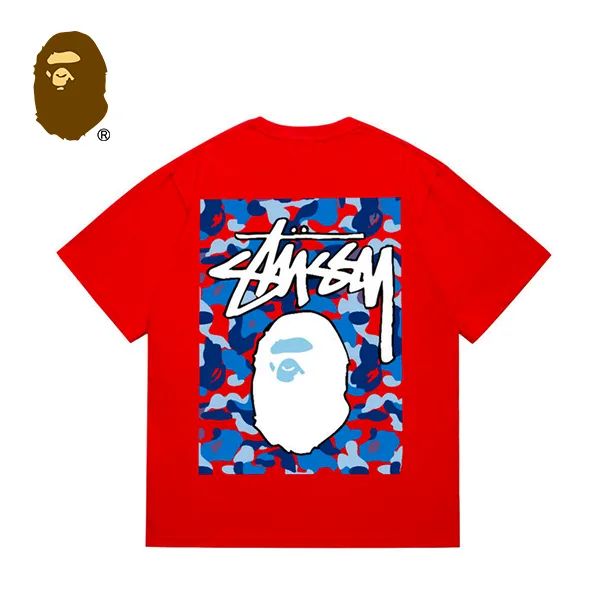 BAPE x STUSSY 聯名款藍迷彩猿人頭印花短袖T恤