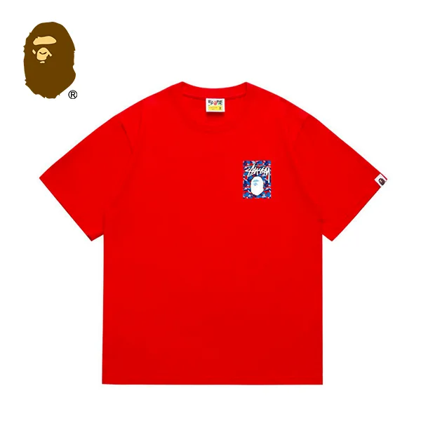 BAPE x STUSSY 聯名款藍迷彩猿人頭印花短袖T恤