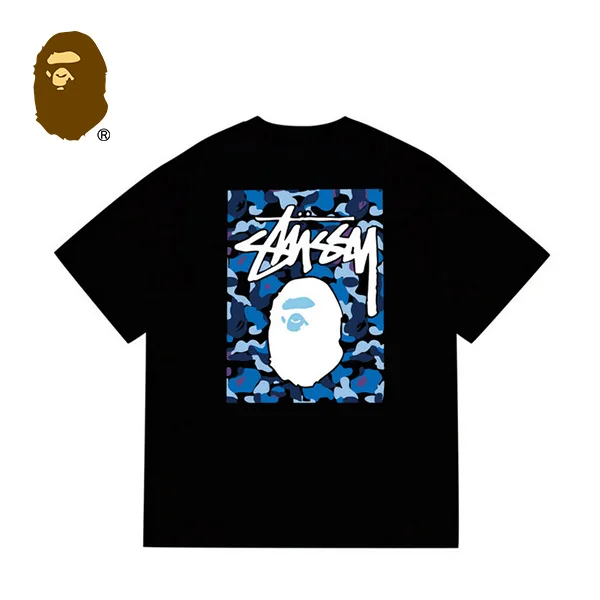 BAPE x STUSSY 聯名款藍迷彩猿人頭印花短袖T恤
