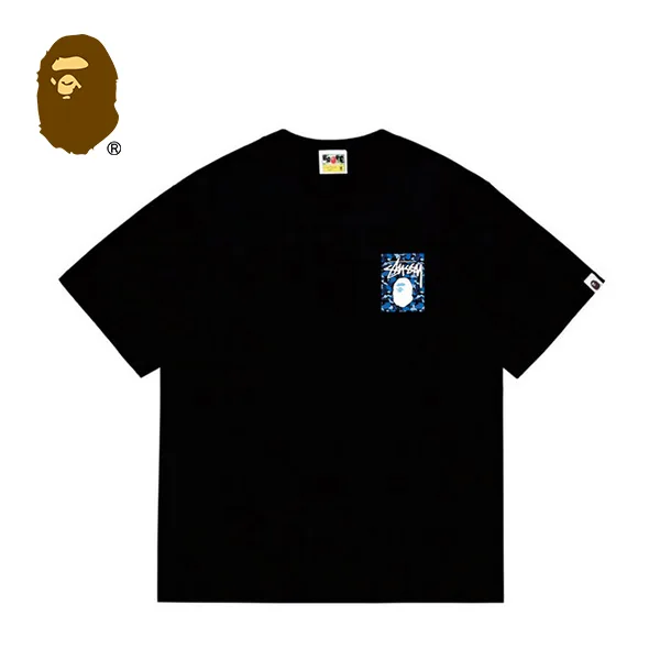 BAPE x STUSSY 聯名款藍迷彩猿人頭印花短袖T恤